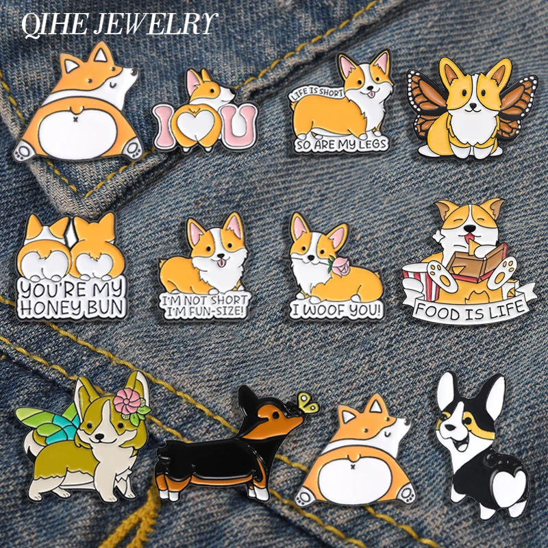 Pines de esmalte de colección Corgi de patas cortas, broches divertidos de dibujos animados para mascotas, mochila, sombrero, insignia de solapa,