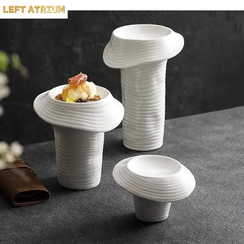 High Feet Ceramic Dinner Plate Restaurant Irregular Screw Thread Dessert Dish Snack Sushi Special Tableware
