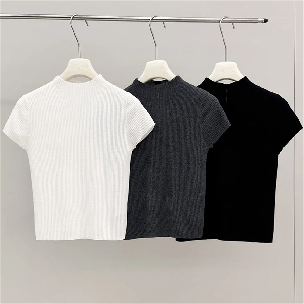 

Женская трикотажная футболка с коротким рукавом и воротником-стойкой, универсальная, модная, удобная, для коррекции фигуры