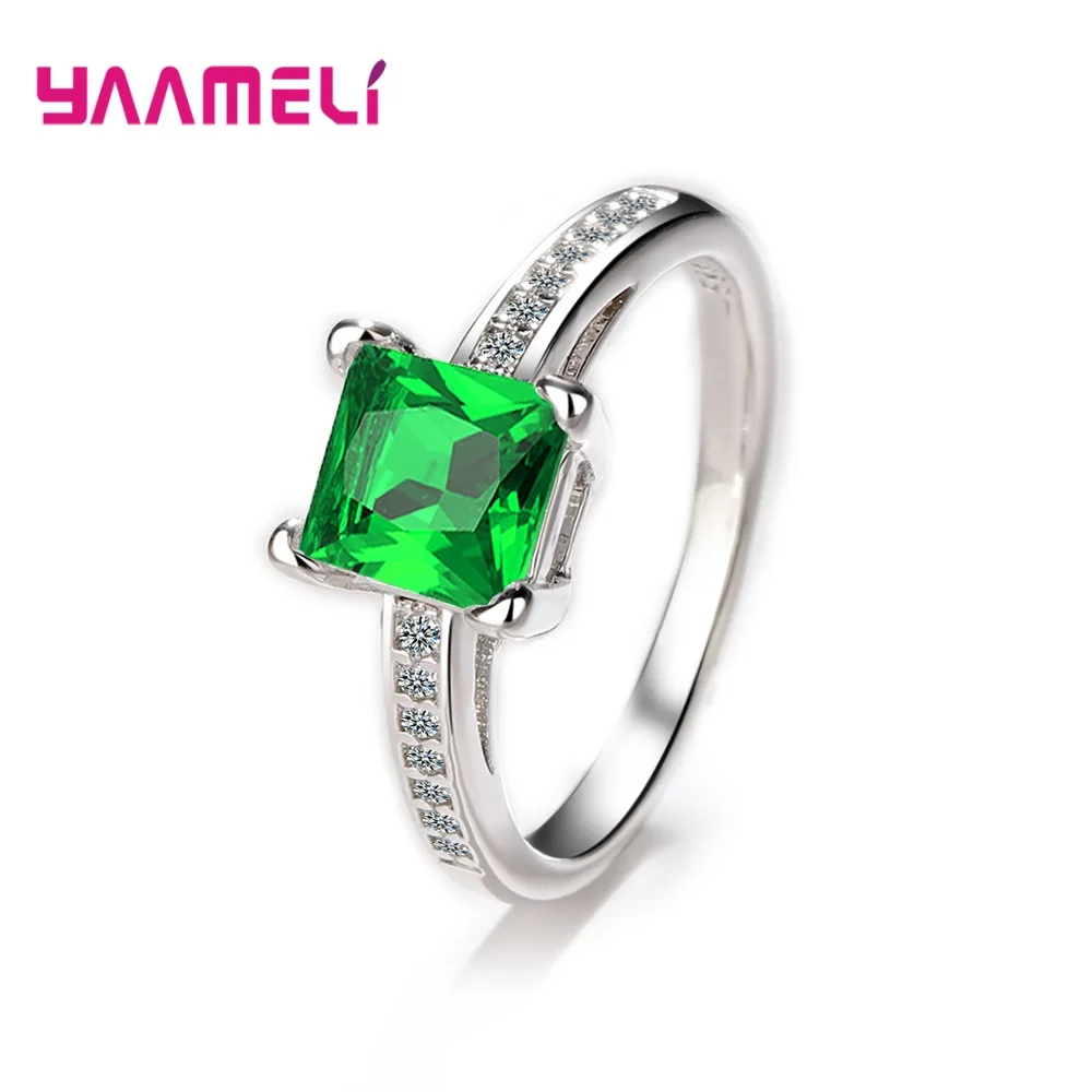 New Fashion 925 Sterling Silver Band Rings for Women 9 Colors Size 6-7-8-9-10 Shiny Square Cubic Zirconia Crystal Inlaid