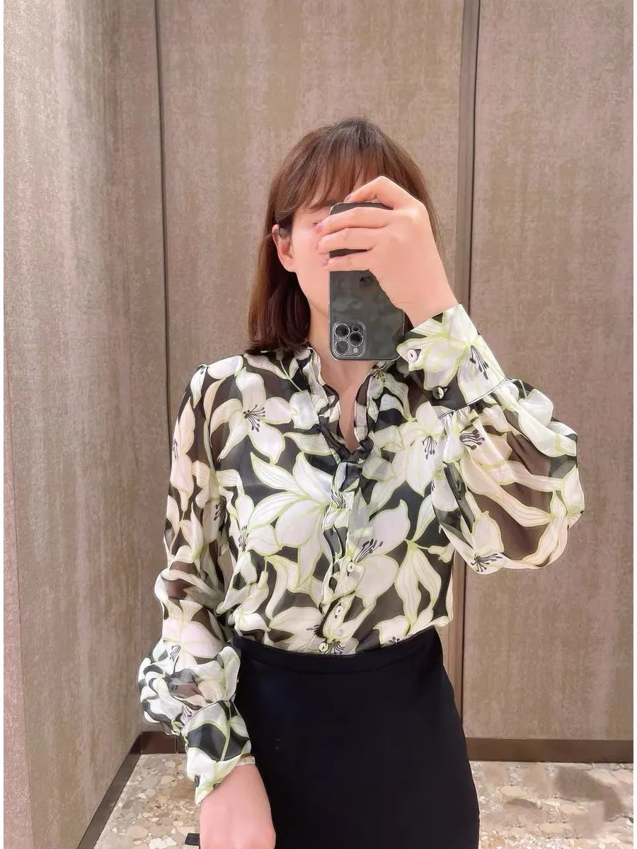 

Elegant Silk Chiffon Ladies Shirt Thin Transparent Skin-friendly Spring Autumn Wear with Small Strap Two-piece Ultra-light
