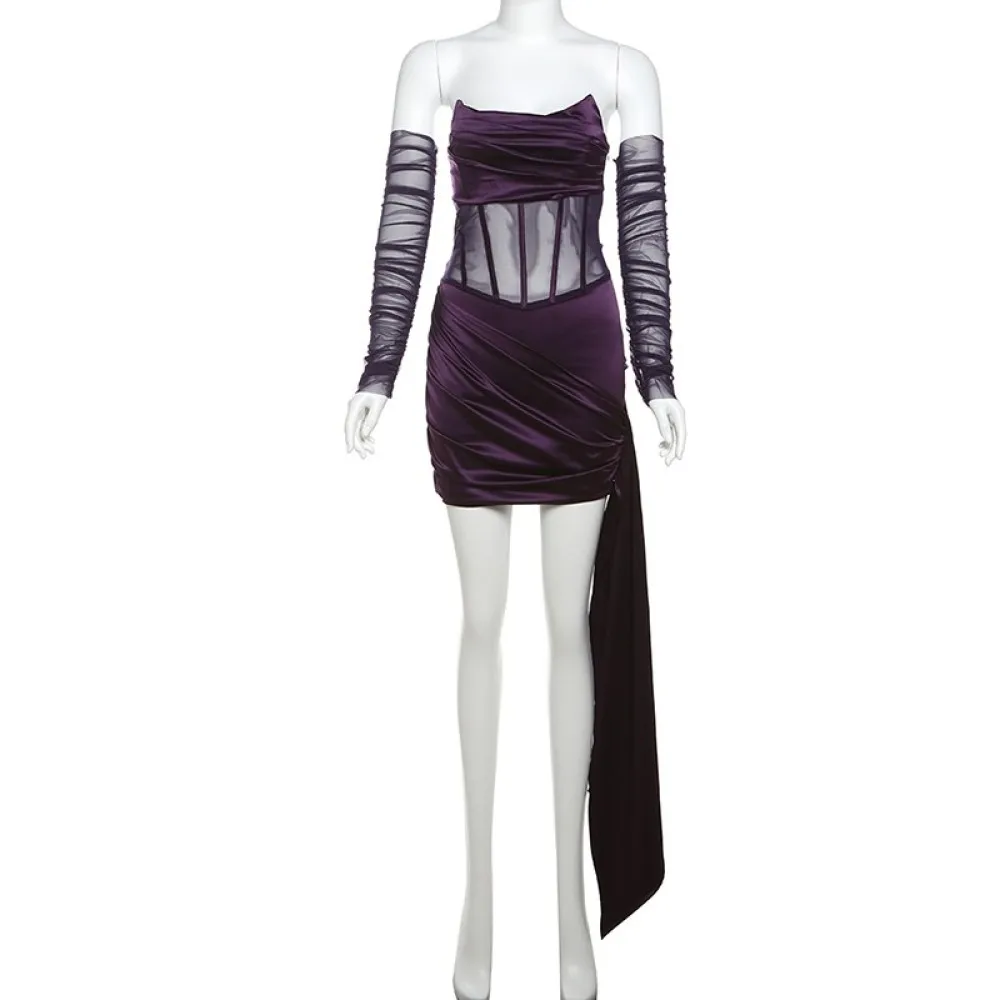 SylCue Mesh Patchwork Mini Dress+Oversleeve Woman Off Shoulder Backless Ruched Ribbon Midnight Prom Party Ruched Elegant Bodycon