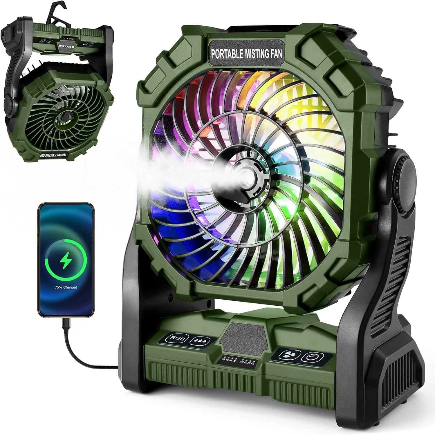 

Вентилятор для кемпинга на батарейках, перезаряжаемый, с RGB-подсветкой, портативный, для палатки, с крючком для подвешивания, 4 скорости ветра