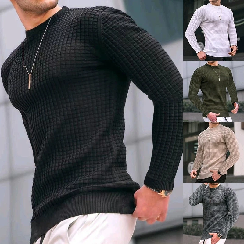 Autumn Winter Slim Check Waffle Long Sleeved T-Shirts for Men Round Neck Jacquard Plaid Pullover Gym Fitness Bodybuilding Tees