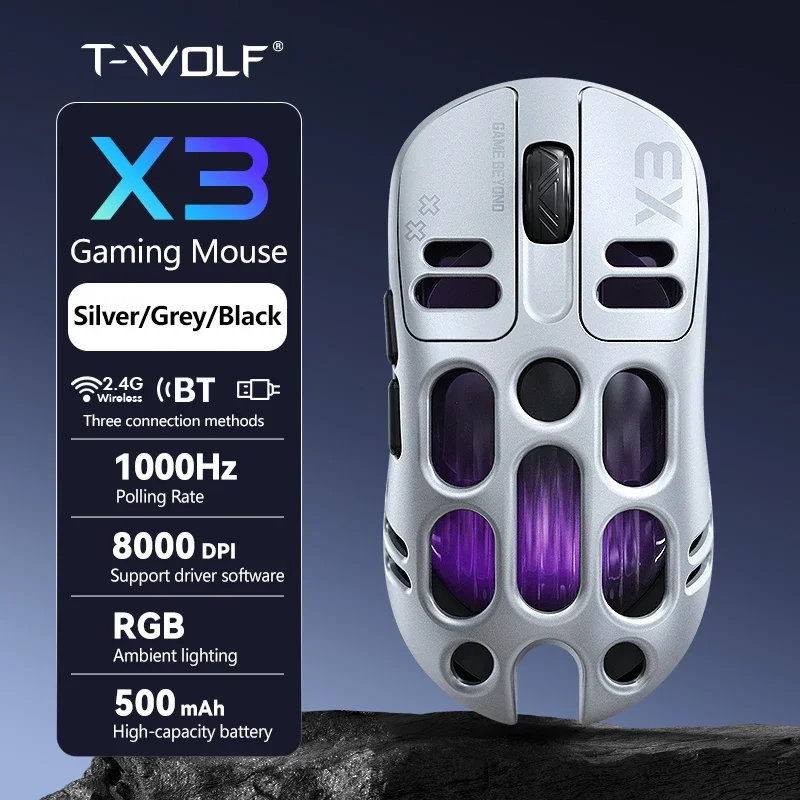 T-WOLF X3 Tri-mode Gaming Mouse 1K Polling Rate 8000DPI RGB Lightweight Ergonomic BT 2.4G Wireless Mice For PC Laptop Gamer