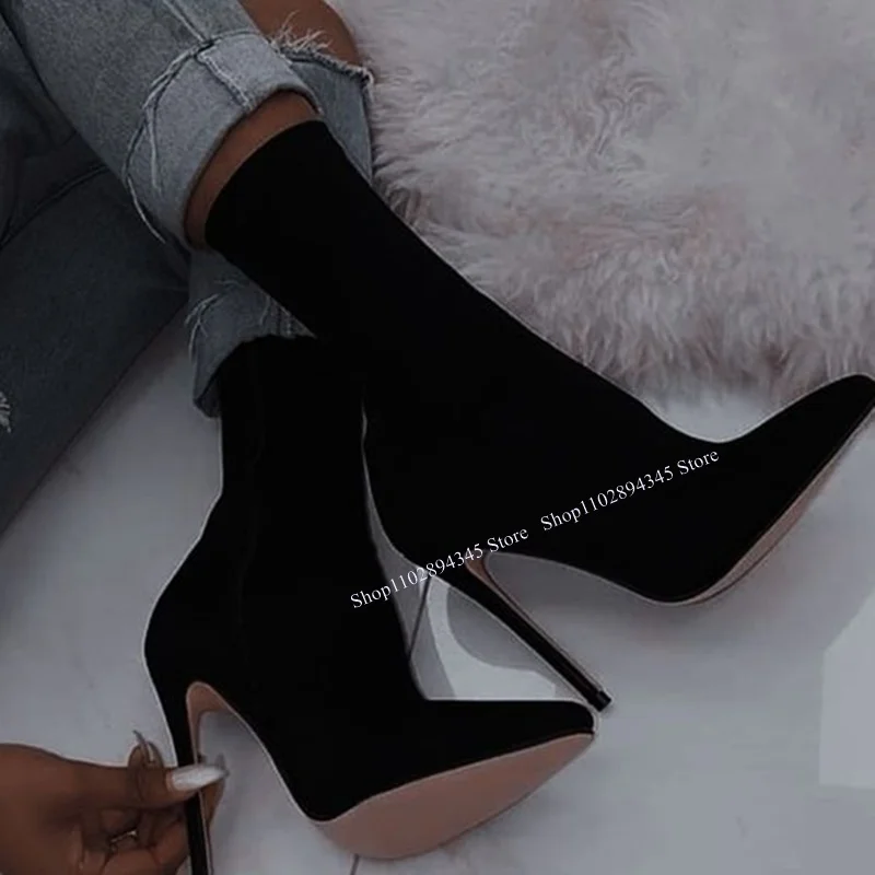 Black Mid Calf Elastic Boots Thin High Heel Pointed Toe Cool Fashionable Sexy Winter Big Size Woman Shoes Zapatillas Mujer