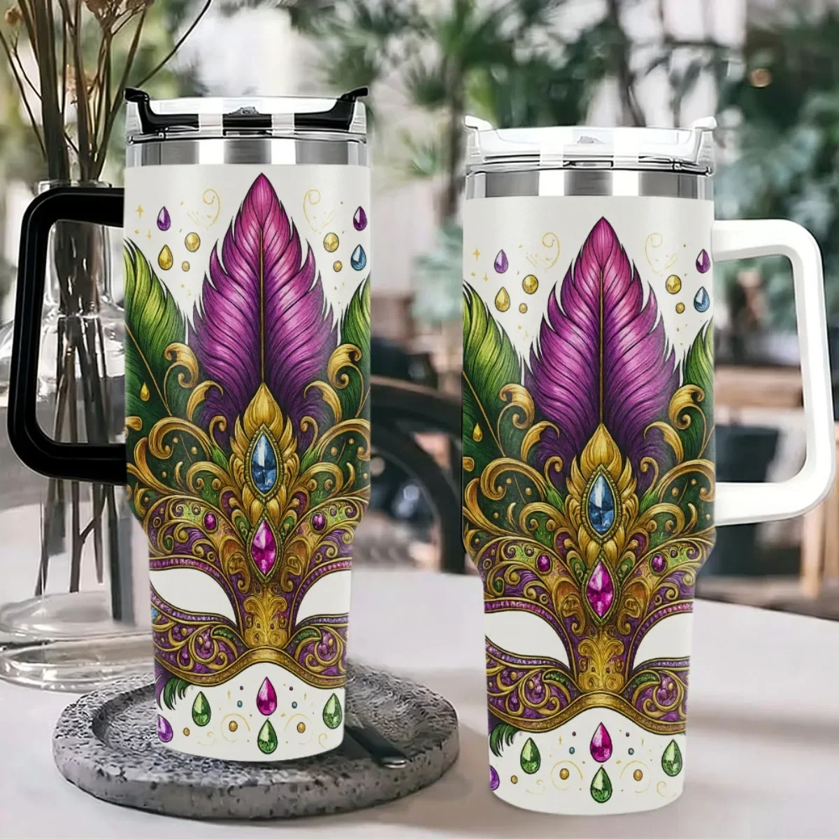 40oz Tumbler with Handle Mardi Gras Mask Insulated Cup, Pink Out of Stock, Random Black‑White Shipment
