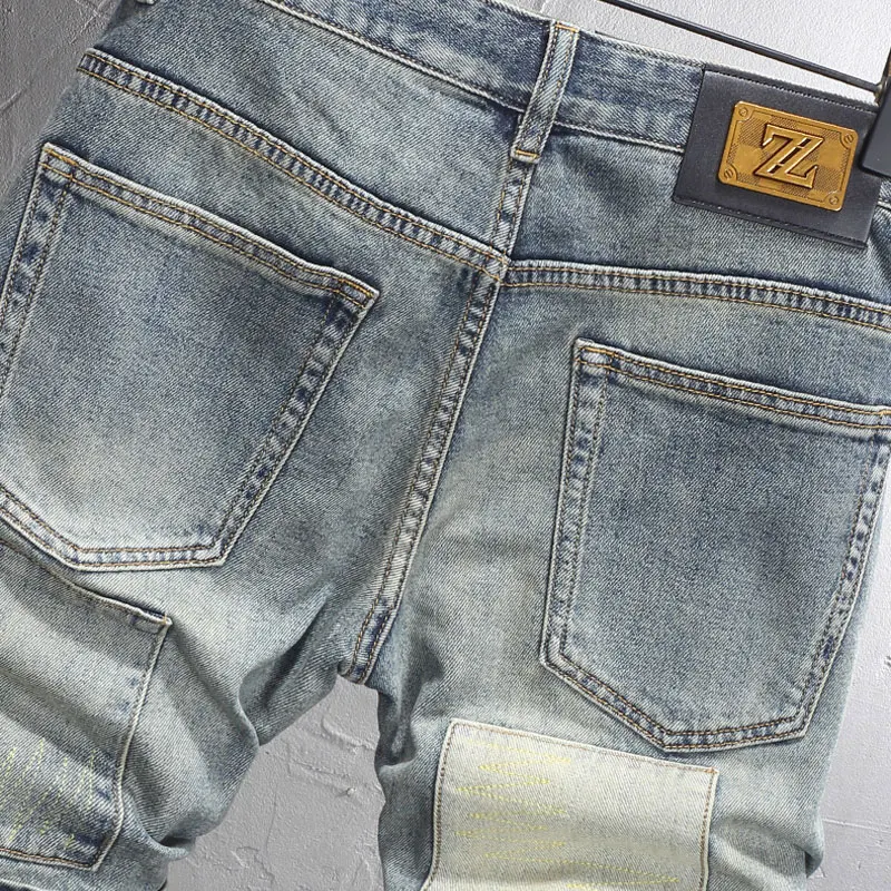 Summer Fashion Casual Men Jeans Retro Washed Blue Stretch Ripped Short Jeans Hombre Patched Designer Hip Hop Denim Shorts MEN
