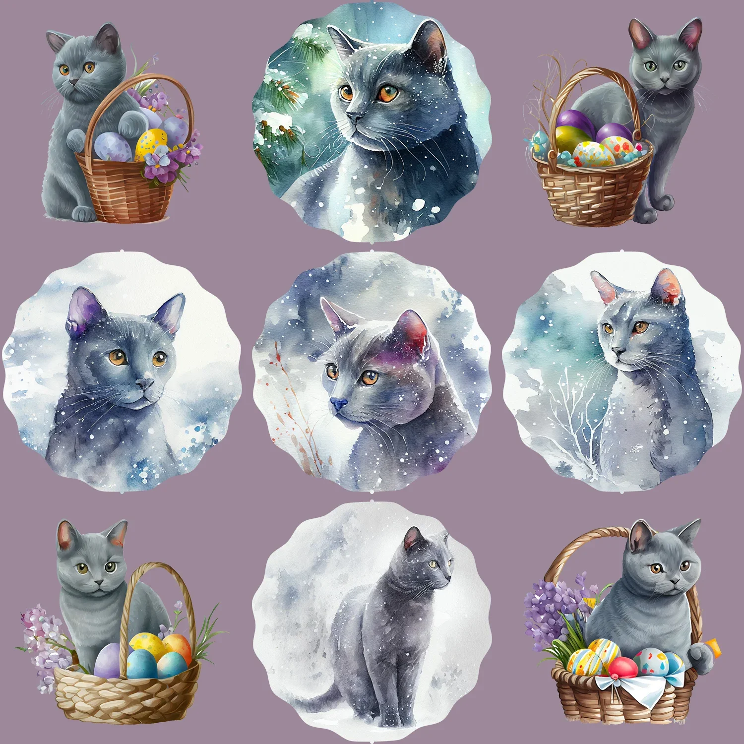 9-Pcs Snow Basket Cute Cat Iron-On Transfer Stickers,Design Decals Heat Pressed Decals,for DIY Clothing denim heat transfer film