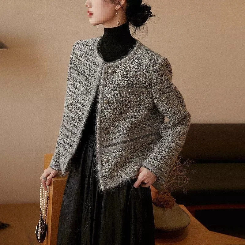 Spring Autumn 2025 New Coarse Woolen Women's Woven Short Fragrant Style Jacket