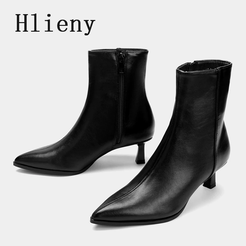 Hlieny Autumn Winter PU Leather Thin Low Heels Zippers Short Ankle Boots Women Pointed Toe Stripper Ladies Shoes Zapatos Mujer
