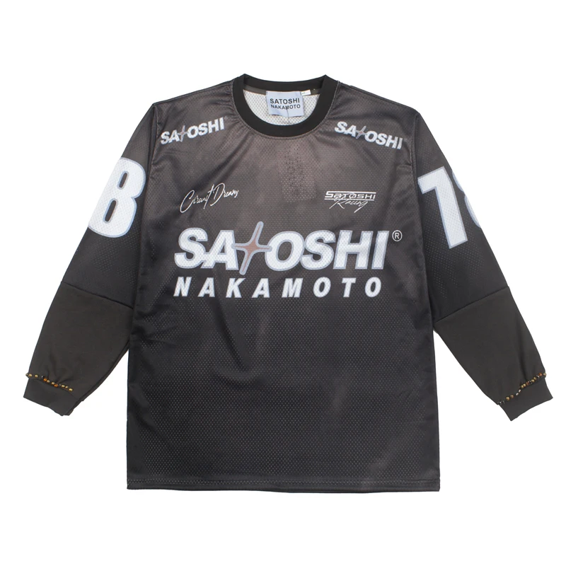 American Style Retro Trend Diamond Studded Men's Casual Satoshi Nakamoto Long Sleeved T-shirts Round Neck Loose Breathable Tops