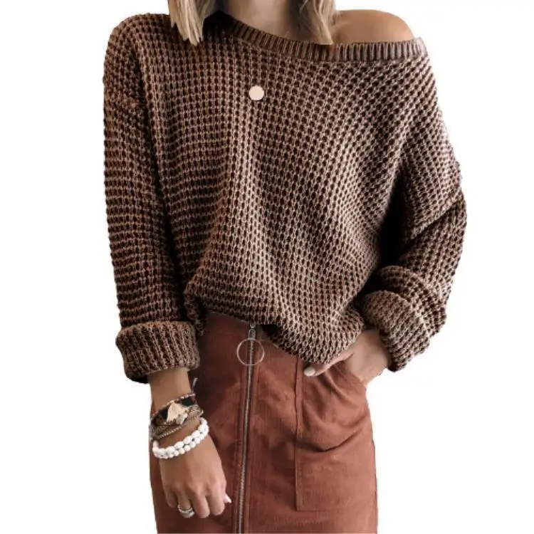 2023 Autumn/Winter Simple Loose Oblique Neck Off Shoulder Sexy Short Top Long Sleeve Knitted Sweater