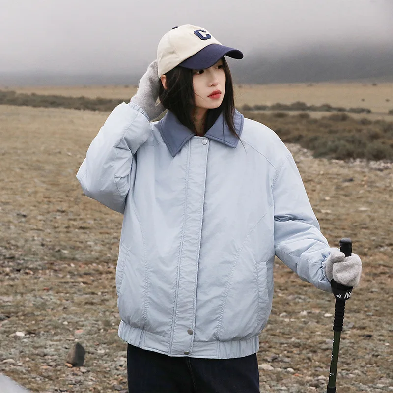 

Down Cotton OuterwearWinter American Retro Bomber Jacket for Women Simple Warm Turn Down Collar