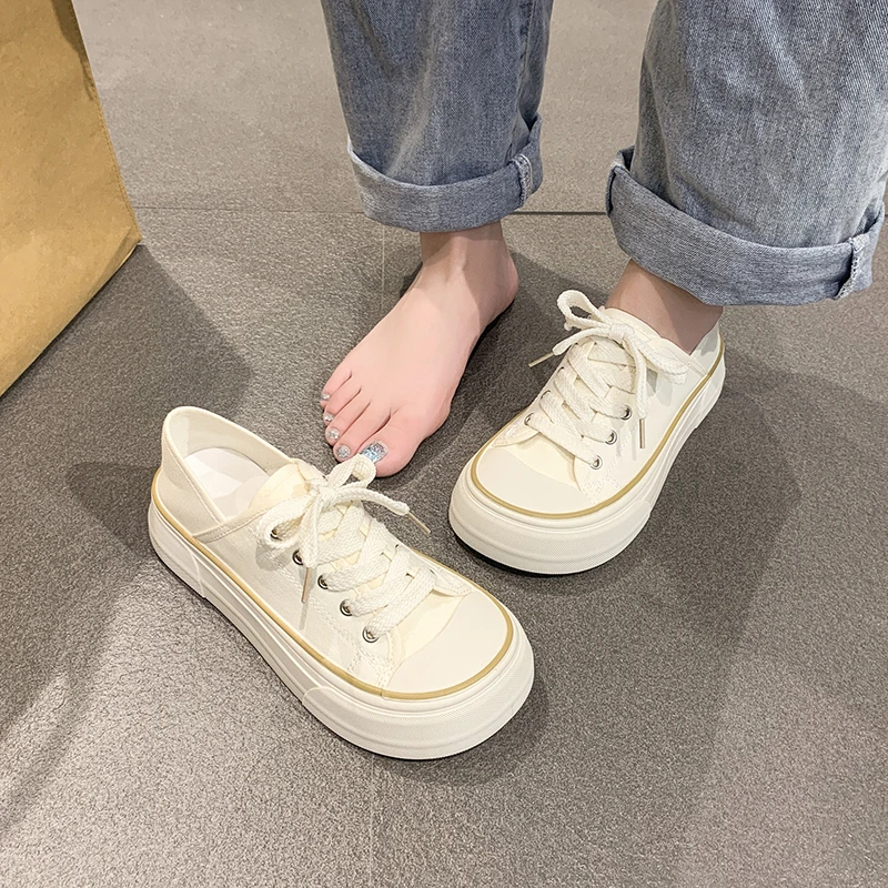 Botas de lona con cordones a la moda para mujer, con diseño de cordones, adecuadas para que usen estudiantes, zapatos deportivos de suela gruesa.