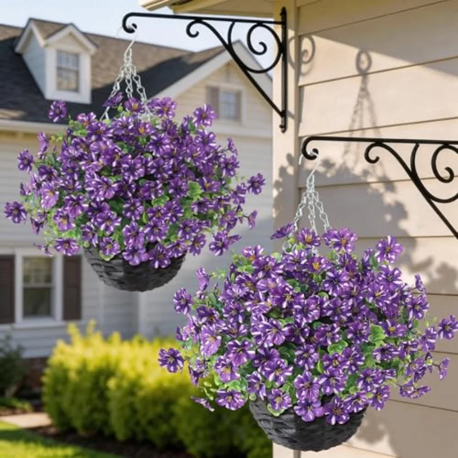 

Artificial Flower and Eucalyptus with Hanging Basket - 2PCS Faux UV Sun Resistant Morning Glory in Planter, Fake Colorful Silk