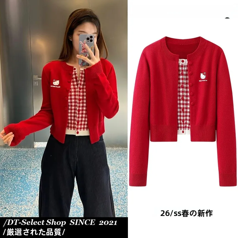bairui-fan-printemps-2026-rouge-dessin-anime-lettre-imprime-plaid-patchwork-tricote-ouvert-cardigan-haut-tube-droit-long-sve-rond-ne