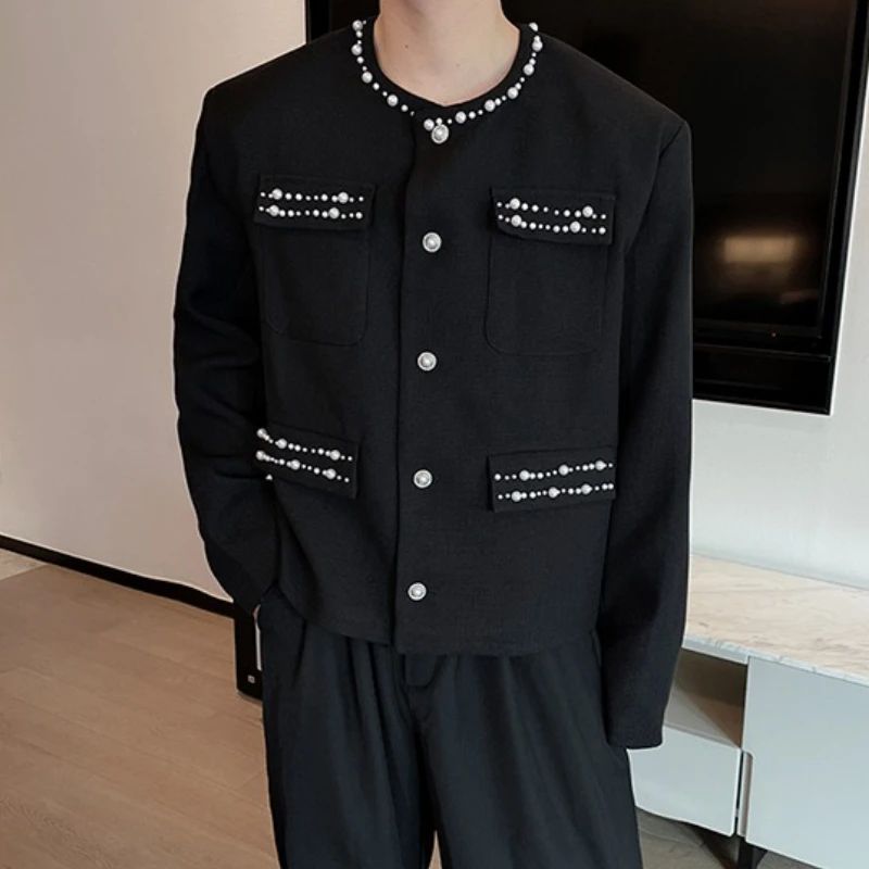 High Quality Autumn Winter Jacket Men's Embroidered Pearl Collarless Jacket Casual Social Streetwear Party Nightclub Short Coat - Image 5