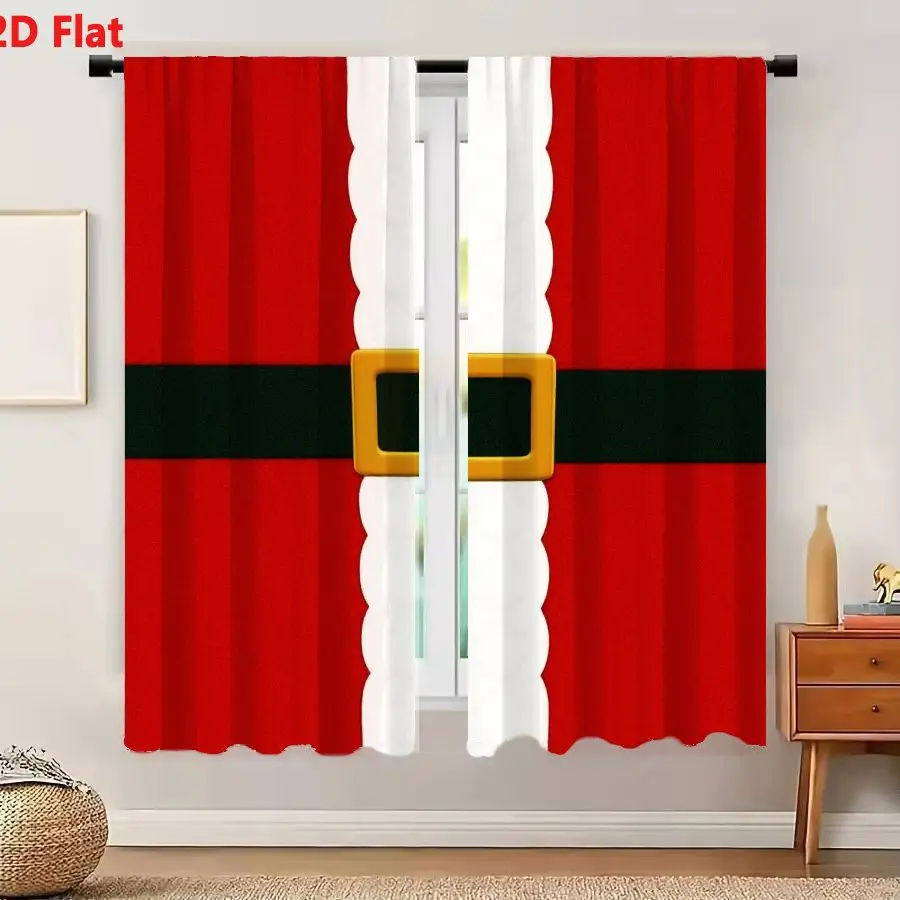 2Pcs Curtains 2D Flat Santa Claus Suit Midsection With Red Background White Fur Trim Black Belt And Gold Buckle Window Drapes fo