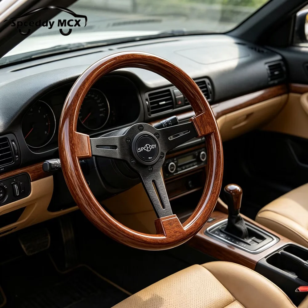Spceddy JDM ABS Wood Grain Look 14inch 350mm Car Steering Wheel Flat Corn ABS Modified Sports Steering Wheel