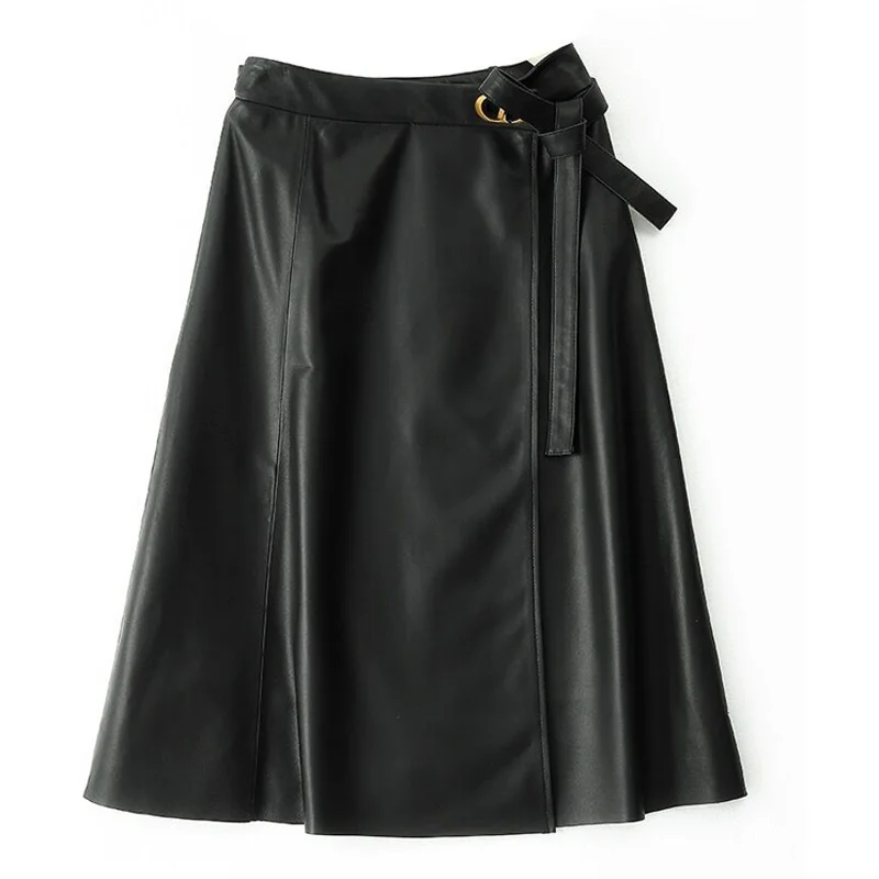 

Spring Female Real Leather Midi Skirt Lady A-line Street Saia Bow Belt Vase Big Black Faldas Girls Pleated Jupe Faldas 72cm Long