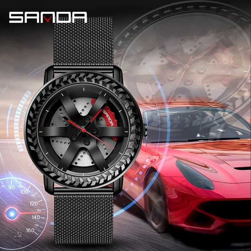 

SANDA P1050 2023 Waterproof Stainless Strap Vacuum Plating Car Wheel Rim Hub Sport Luminous Wristwatch Men Watch Reloj Hombre