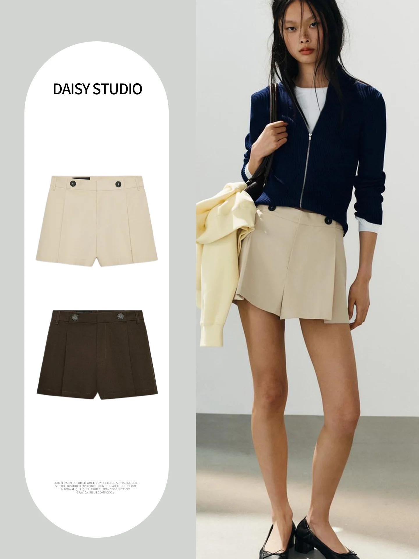 High Waist Wide Leg Short Pants Women's Casual Style Zipper Folded Decorative Button Autumn New Arrival Polyester Fiber