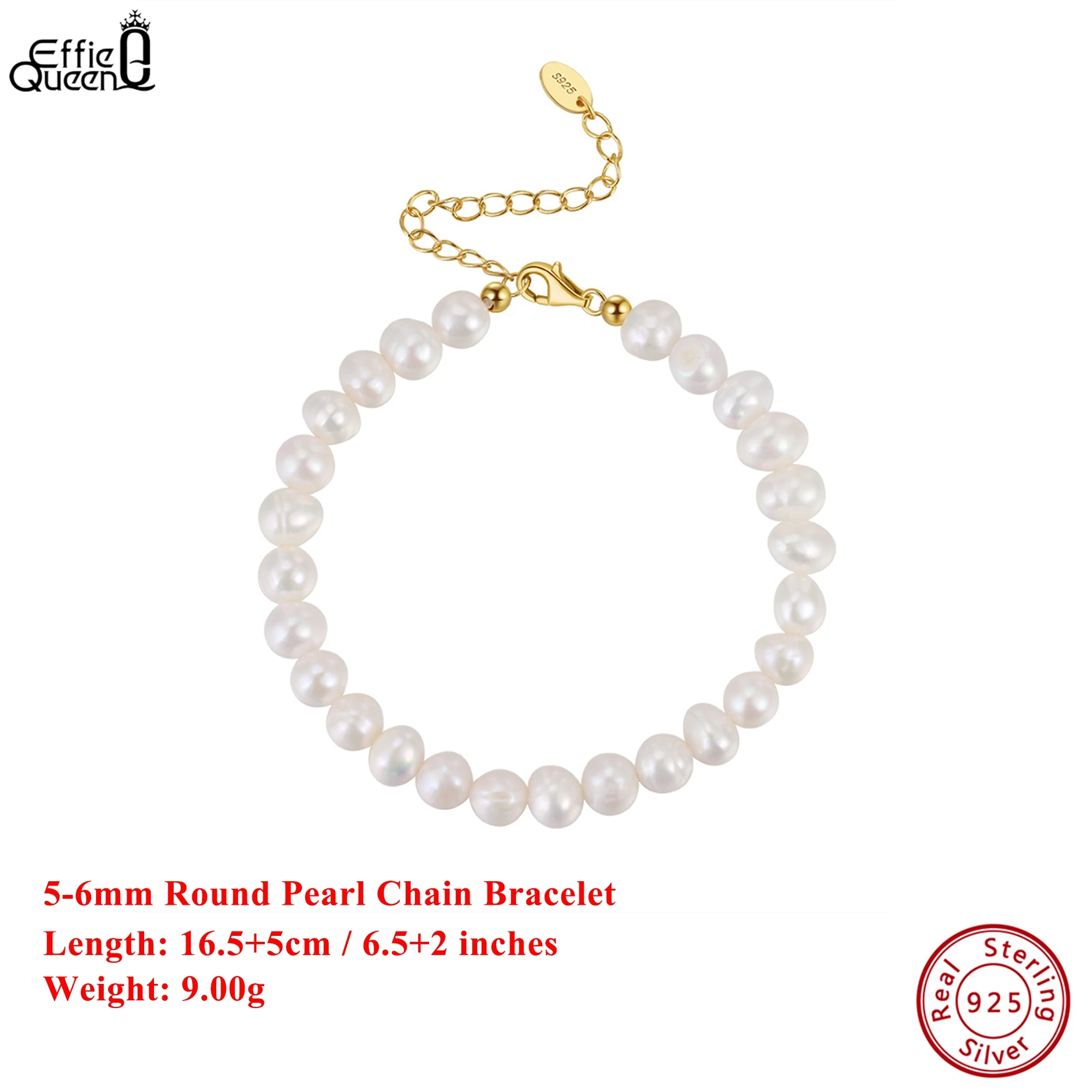 

EFFIE QUEEN 100% S925 Silver 14k Gold 5.5-6mm Round Pearl Chain Bracelet Natural Jewelry for Women Wedding Party Banquet GPB10