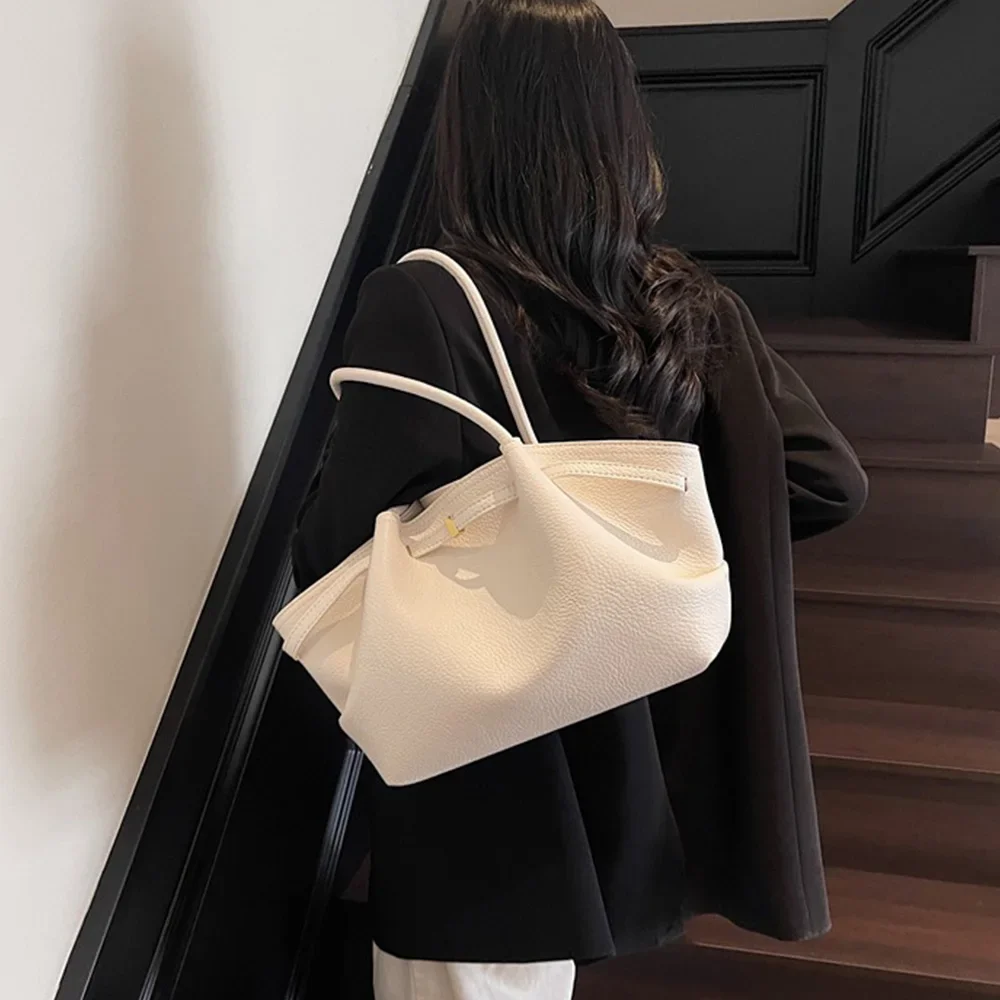 Luxuriöse Lychee-Muster Schultertaschen aus PU-Leder Einfarbige Damenhandtaschen Große Kapazität Tragetasche Reisehandtaschen – Detail 7