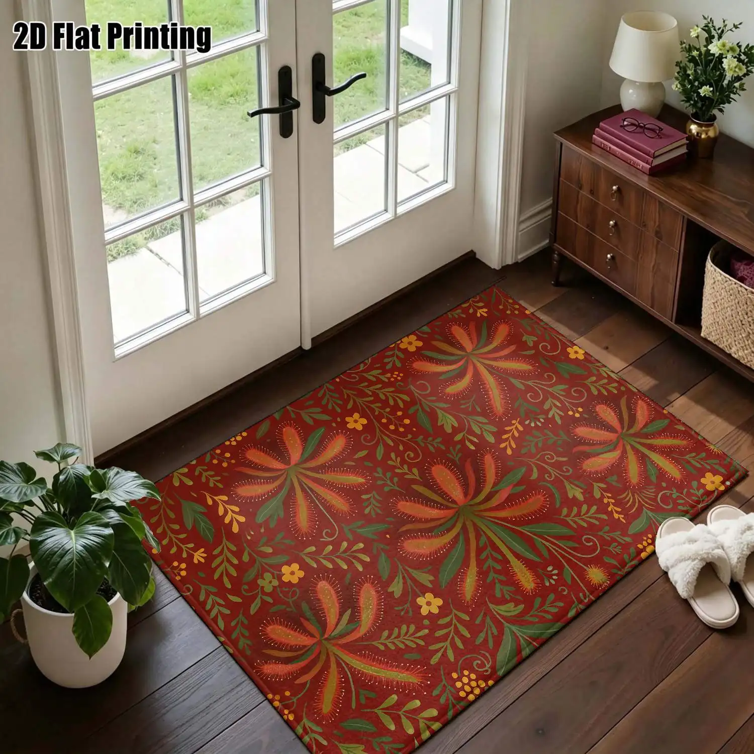 1Pc 2D Printed Retro Red-Based Plant Flower Nordic/Instagram-Inspired Minimalist Vintage Carpet, Machine-Washable Multi-Size Home Decor Mat for Entryway, Dining Room, Foyer, Living Room, Bedroom