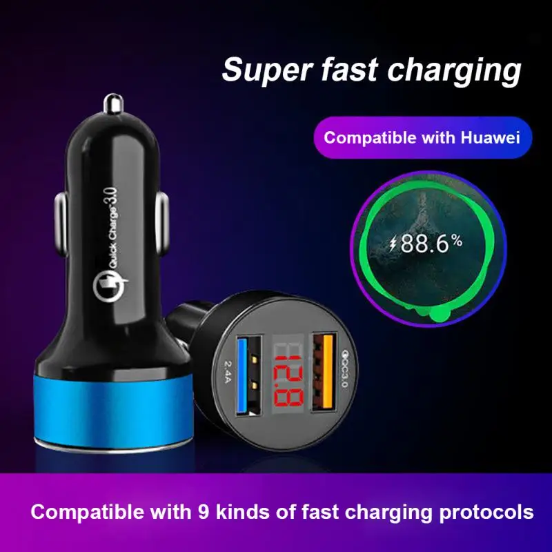 Car Charger 12V Voltmeter Cigarette Lighter LED Socket 5V 2.4A Dual USB QC 3.0 Fast Charging In Car For IPhone Xiaomi RedMi