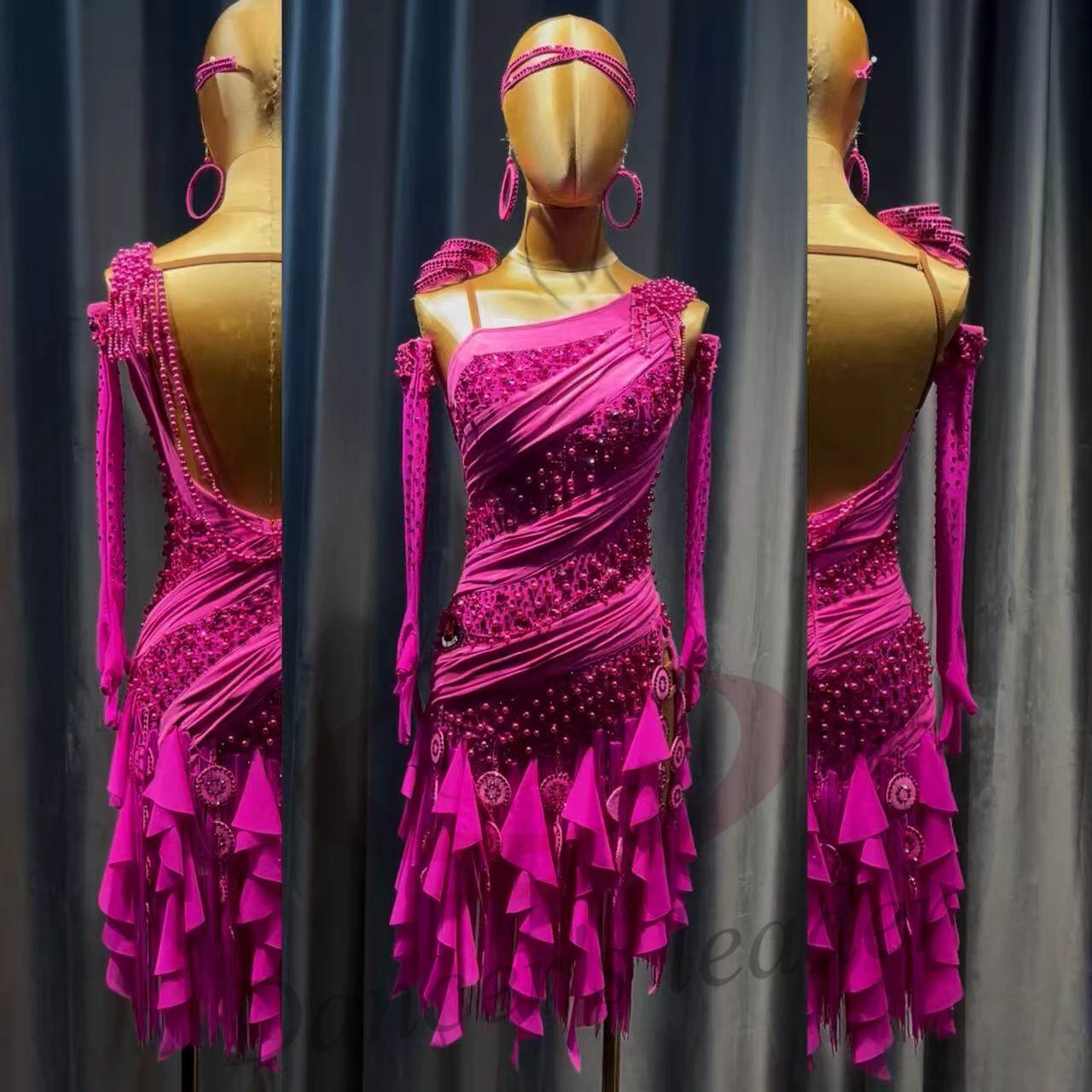 Latin Dance AB Stone Female Adult Children High-End Customized Pleated Layered Pearl Dress Samba Performance Dress