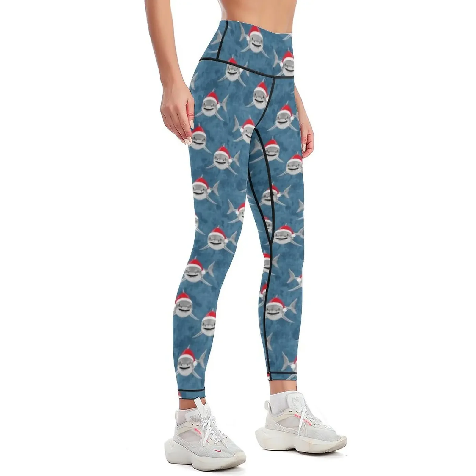 Santa Sharks - blue - Christmas shark Leggings sport legging jogging pants Womens Leggings