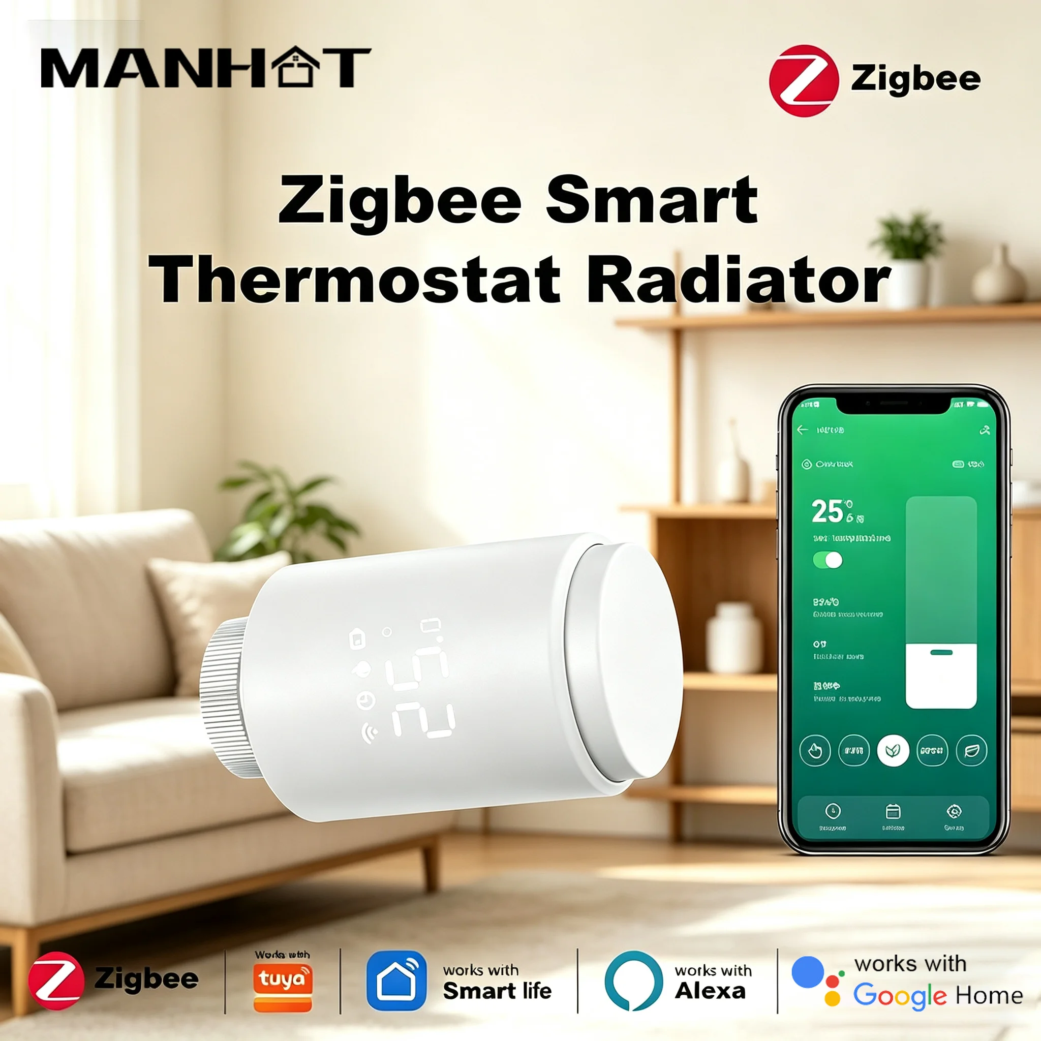 Manhot ZigBee Thermostat Radiator Actuator Smart TRV Thermostat Valve Programmable Temperature Controller Works with Tuya Alexa