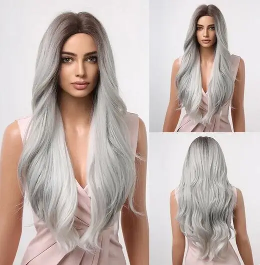 

Длинные волнистые парики серого и белого цвета для косплея, синтетические волосы, парики для женщин, используется искусственные волосы в стиле "Лолита", термостойкие темные корни