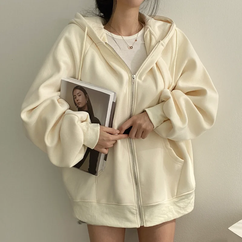 Chic Autumnal Lazy Sle Con cappuccio Cerniera ket Design Allentato Casual Lungo Sve Felpa Jaet Capispalla Faion da donna
