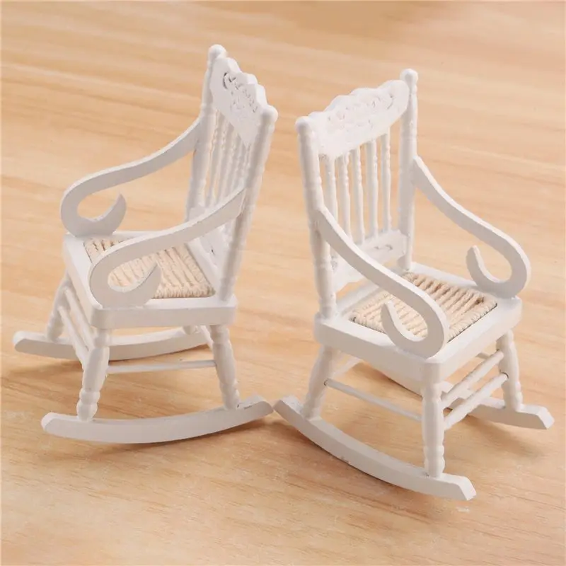 WOWFU-2 piezas 1:12 muebles en miniatura sillas mecedoras de madera accesorios para decoración de la casa