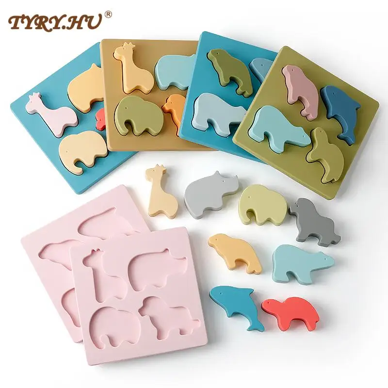 Silicone Animal Puzzle For Kids 2 3 Years Montessori Educational Baby Toys Hand Grab Board 3D Puzzles Silicone Toys for Children