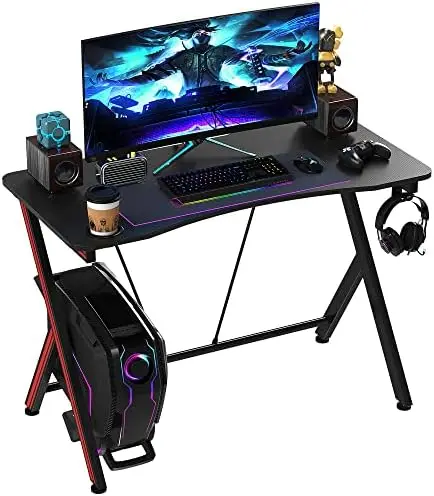 

47 inch Gaming Computer Desk, Home Office Gamer Table Workstation with Cup Holder, Headphone Hook, Cable Management, Carbon Fibe