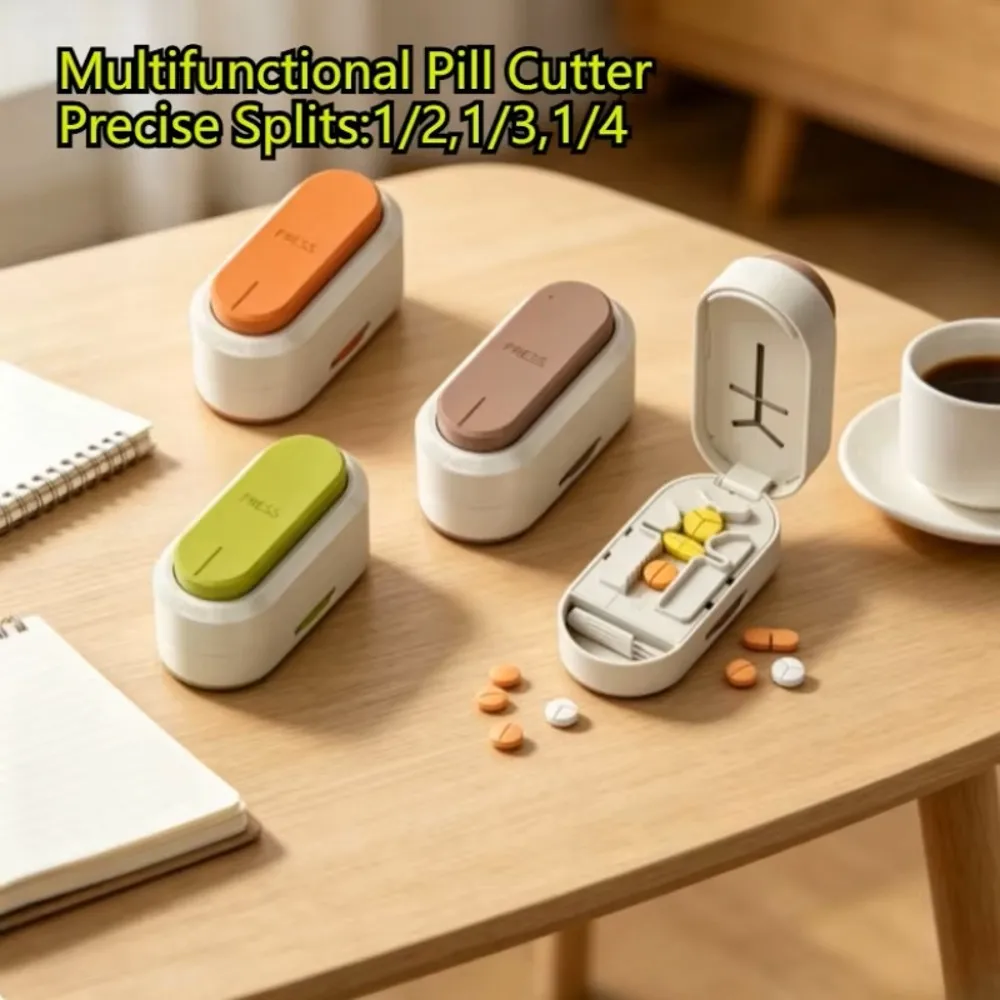 Portable Pill Cutter 1/2, 1/3, 1/4 Tablet Splitting Travel Medicine Container Alignment for Health Management With Storage