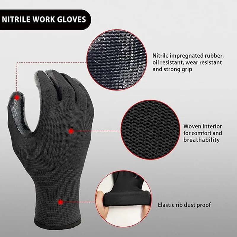 10 Pairs Black Durable Safety Gloves - Anti-Slip, Wear-Resistant, ESD Protection for Gardening & Woodworking