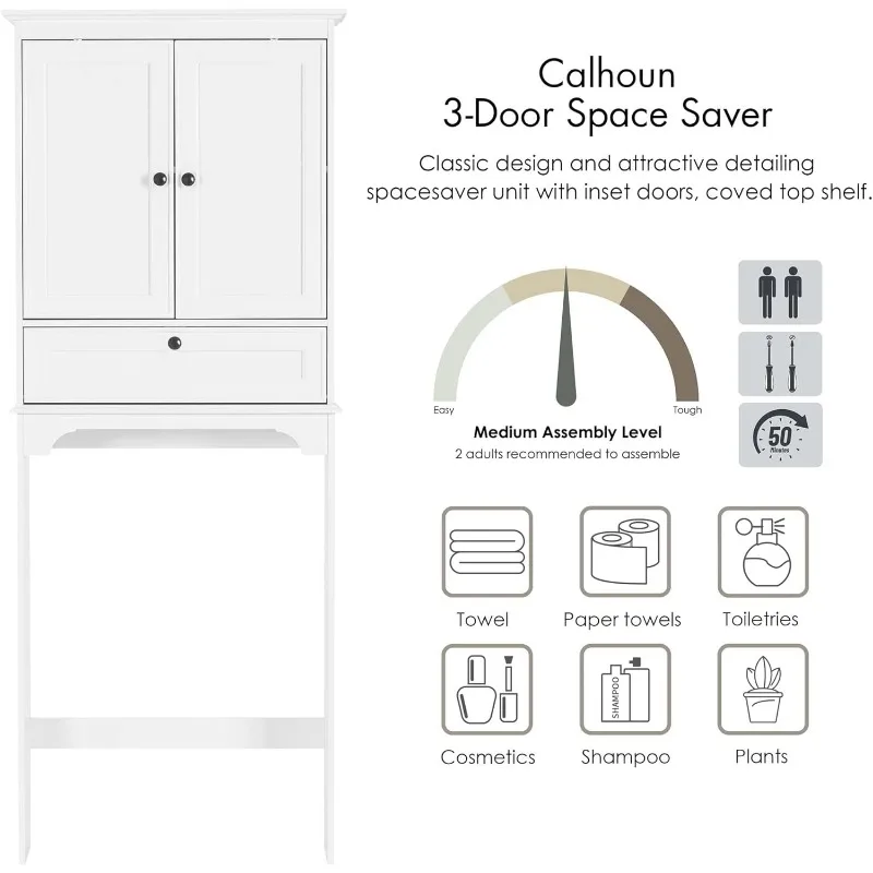 Over The Toilet Storage Cabinet, Bathroom Above Toilet Storage Cabinet with Doors and Adjustable Shelves, White
