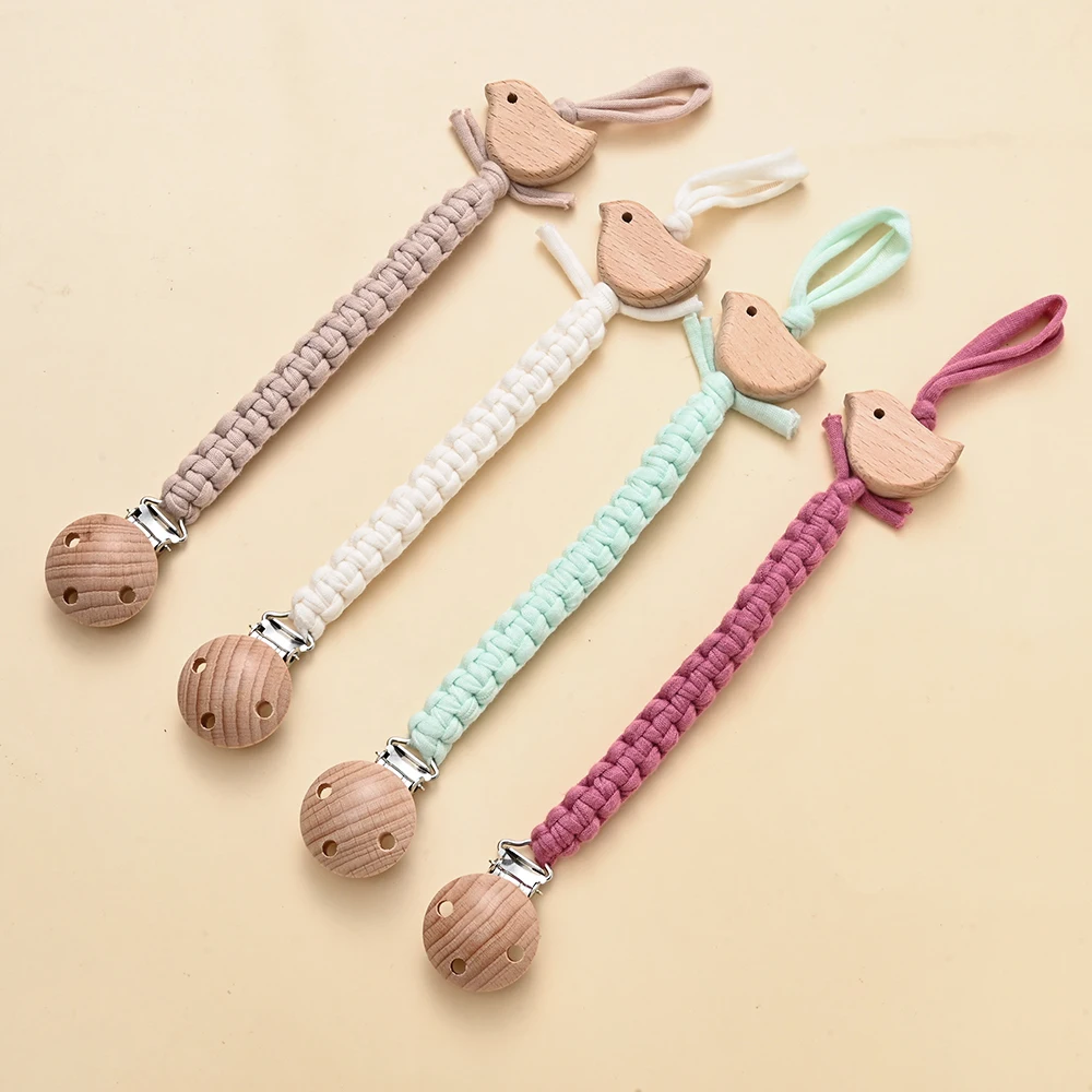 Baby Teething Toys Bird Wood Baby Hand Woven Pacifier Chain Dummy Clips Pacifier Holder Clips Nipple Holder Clips Soother Holder