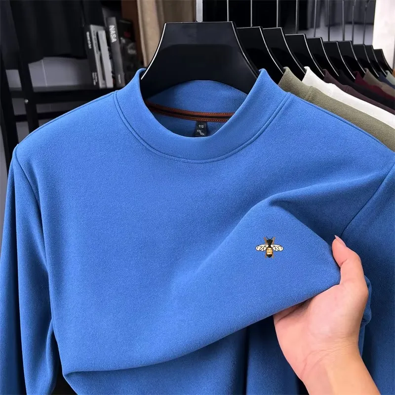 Hochwertiges, warmes Samt-Langarm-T-Shirt für Herren, Modemarke mit Bienen-Stickerei, einfarbiger, lässiger Rundhals-Pullover.