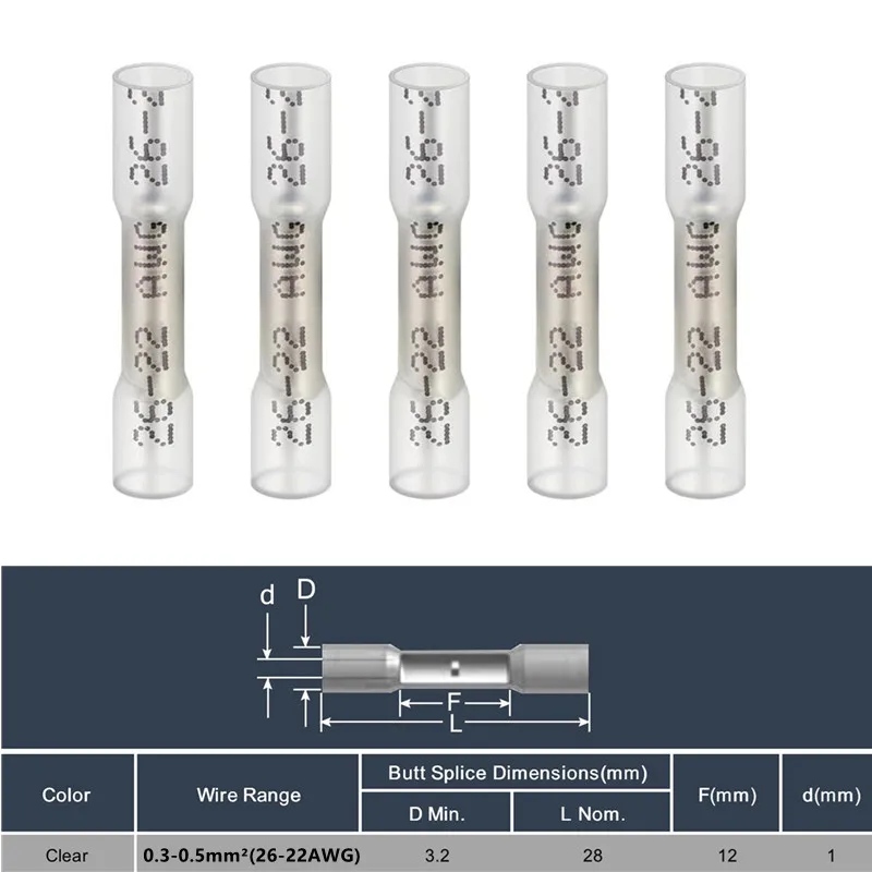 10-1000pcs White Heat Shrink Butt Connector AWG 26-22 Electrical Connectors 0.5mm Waterproof Insulated Automotive Marine Stereo
