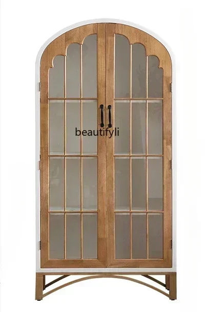 

ls 42French Solid Wood with Glass Cabinet Door Integrated Wall Living Room Half Wall Floor Retro Wine Cabinet Display Cabinet