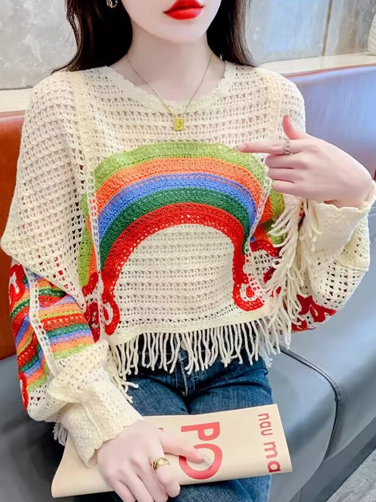 

Women Knitting Hollow Out Print Loose Spring Autumn Female Ladies 2024 News Pullover Knitting Sweater Jumper Chic Fanhion R319