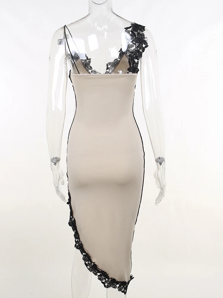 แปลก Puss เซ็กซี่ลูกไม้ชุดเดรสปาร์ตี้ผู้หญิงลึก V คอไม่สม่ำเสมอ Chic Patchwork Skinny Maxi Bodycon Midnight ยืด Clubwear