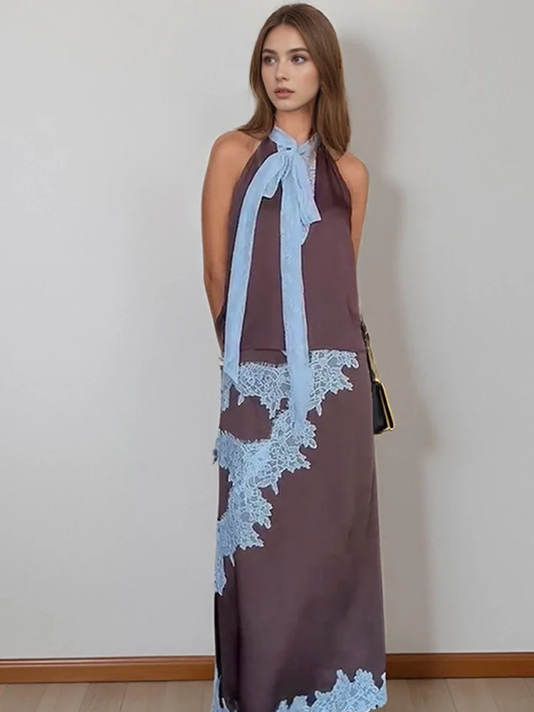 التباين المرقعة الدانتيل ماكسي تنورة دعوى المرأة الساتان الخامس الرقبة أكمام التنانير الدعاوى 2025 سيدة الصيف عادية اليومية 2 قطعة مجموعة