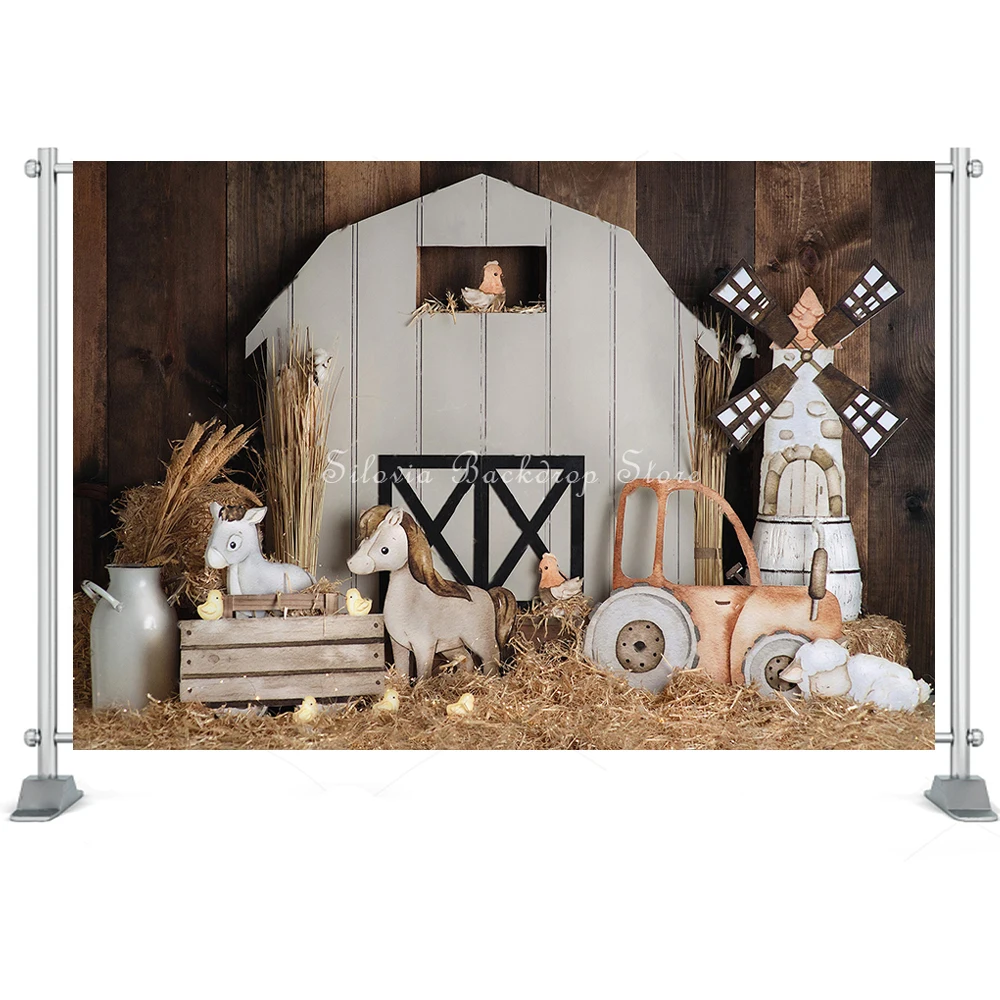 White Barn Farm Photography Backdrop Children Birthday Cake Smash Photo Background Cow and Sheep Windmill Photo Studio Props